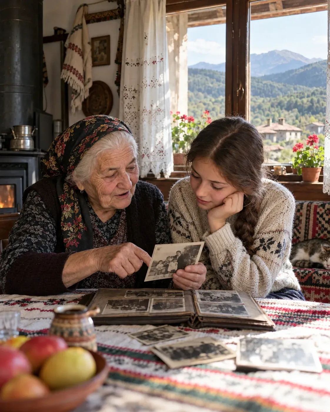 Възрастна жена разказва на млада жена история по семейни снимки край прозорец