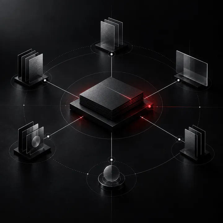 Абстрактна 3D визуализация на документ, свързан с прозрачни панели — символ на отчетност по европейски проекти.